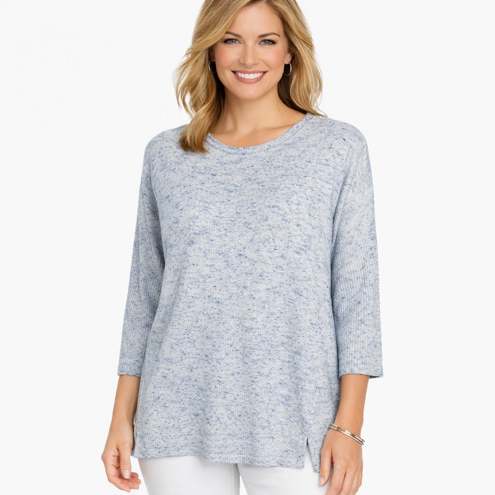 Liz Claiborne Blue Speckled Knit Tunic Top Size Large Ribbed Sleeve Lightweight